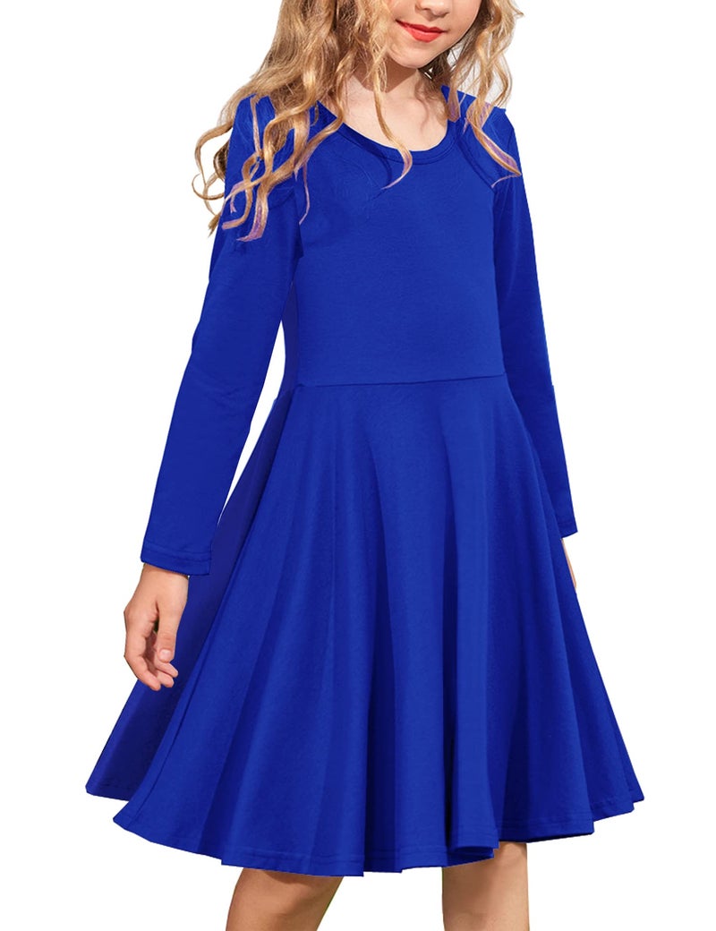 Arshiner Girls Long Sleeve Stretchy Dress A line Twirly Skater School Party Dress Royal Blue Tween 12 Years - Image 1